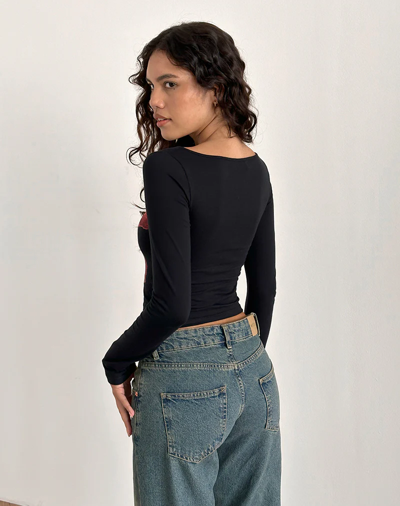 Amabon Long Sleeve Top in Black with Burgundy Painted Flower - Image 3