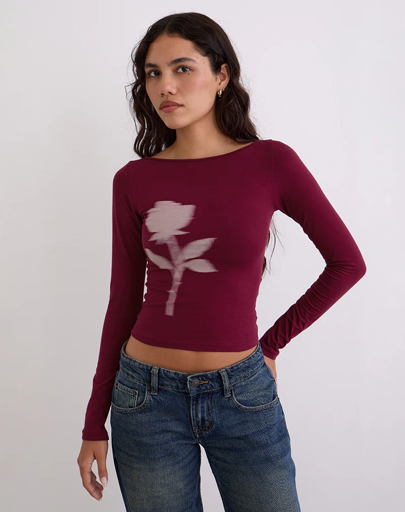 Amabon Long Sleeve Top in Burgundy Blurred Rose - Image 6