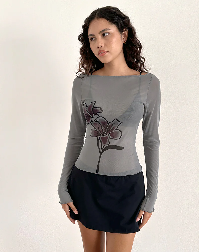 Amabon Long Sleeve Top in Dark Grey with Burgundy Lily - Image 2