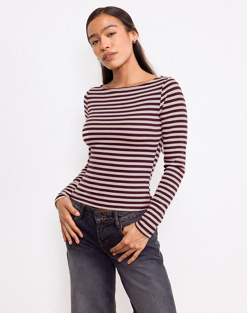 Amabon Long Sleeve Top in Tonal Brown Stripe - Image 2