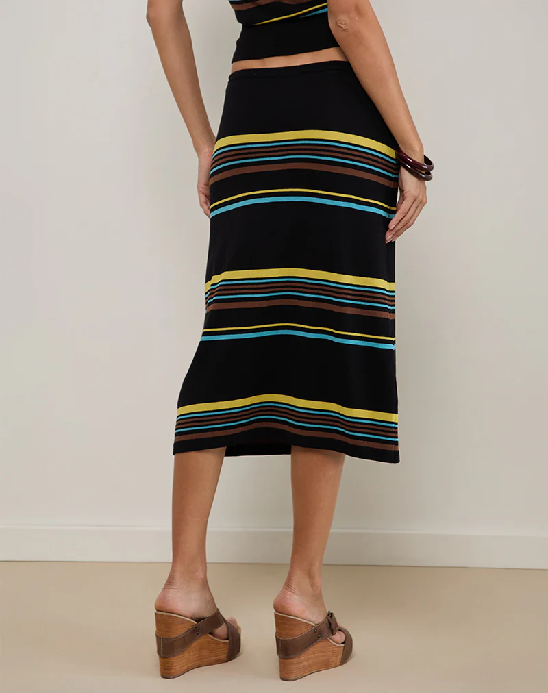 Amalia Midi Skirt in Black with Brown and Blue Stripes - Image 3