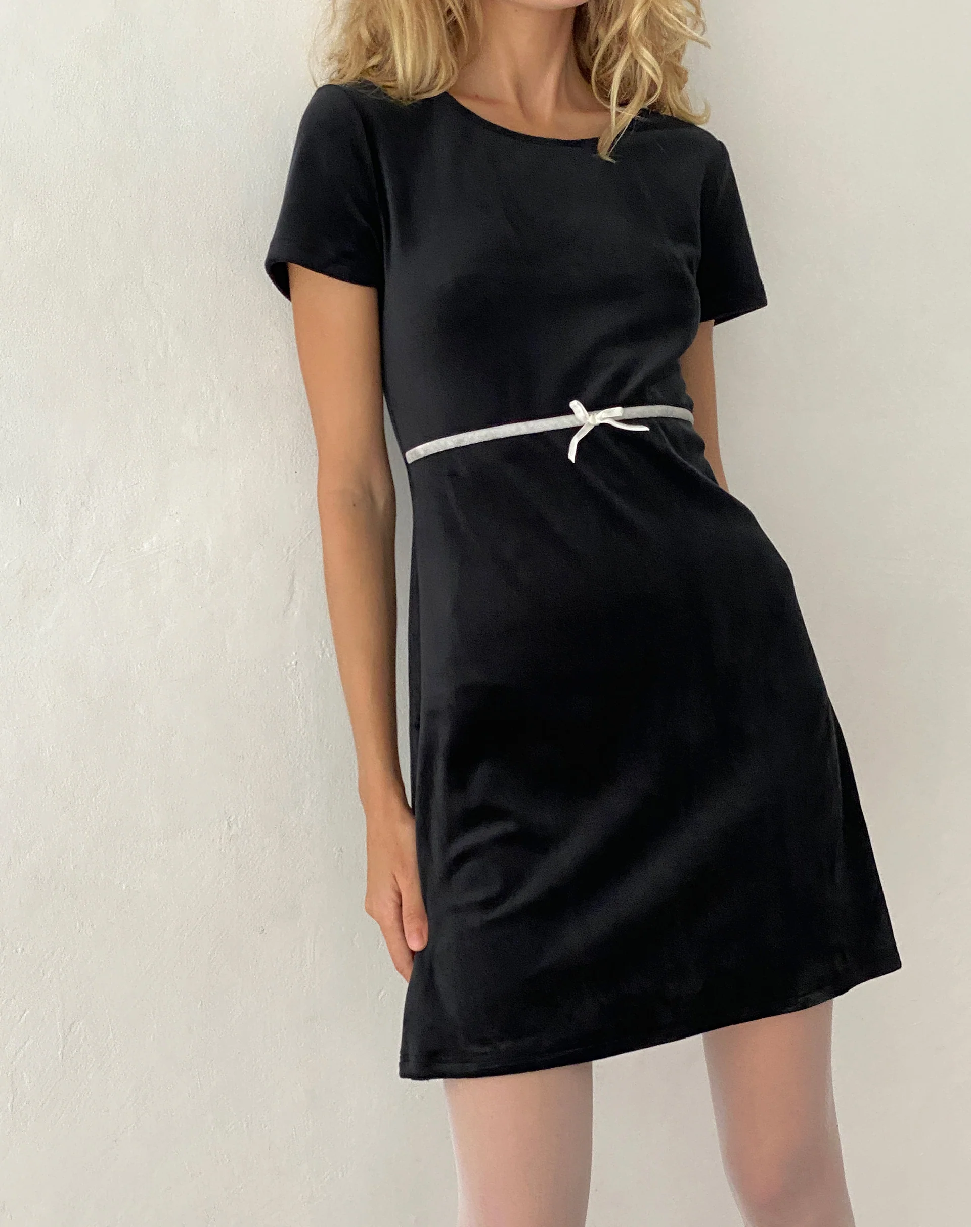Amanda Mini Dress in Black Velvet with White Trim and Bow - Image 3