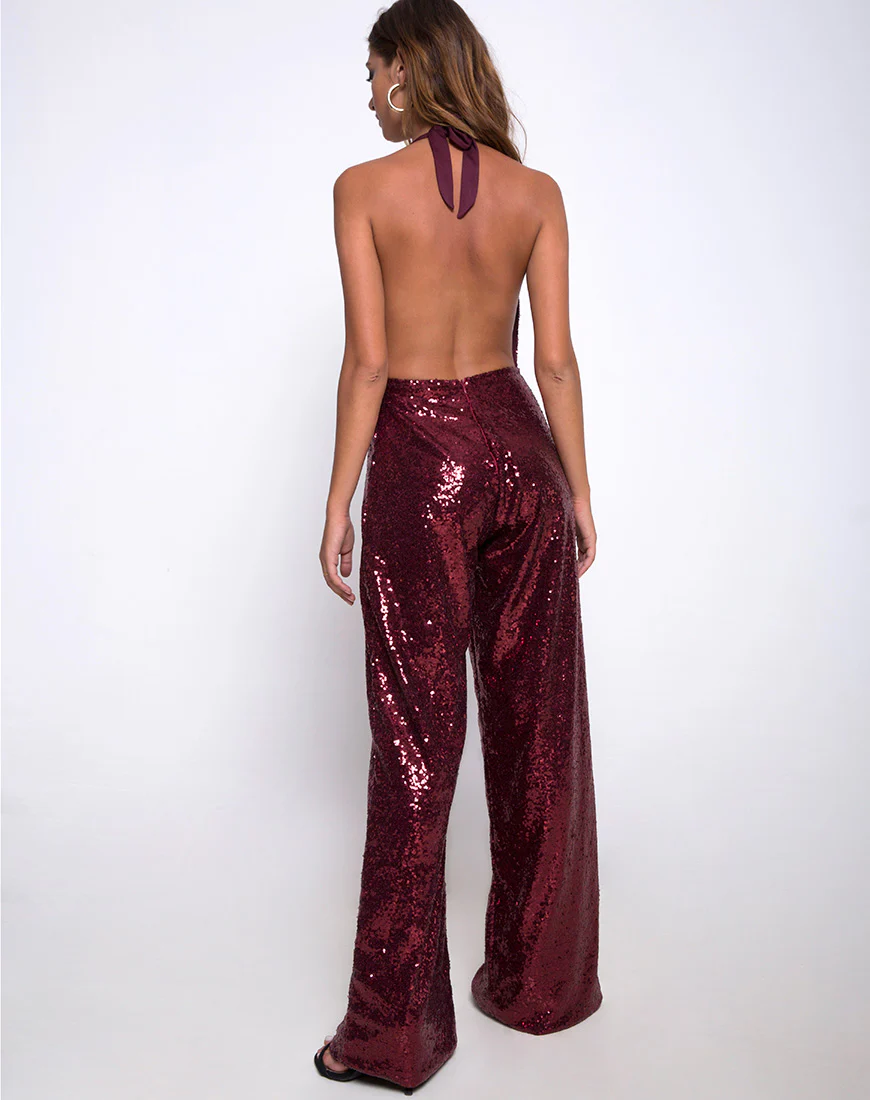 Amber Wide Leg Jumpsuit in Mini Sequin Burgundy - Image 3