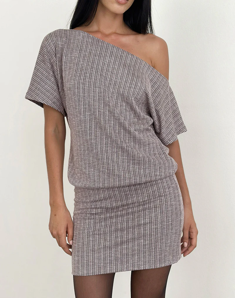 Amelita Mini Dress in Rib Knit Brown Grey - Image 3