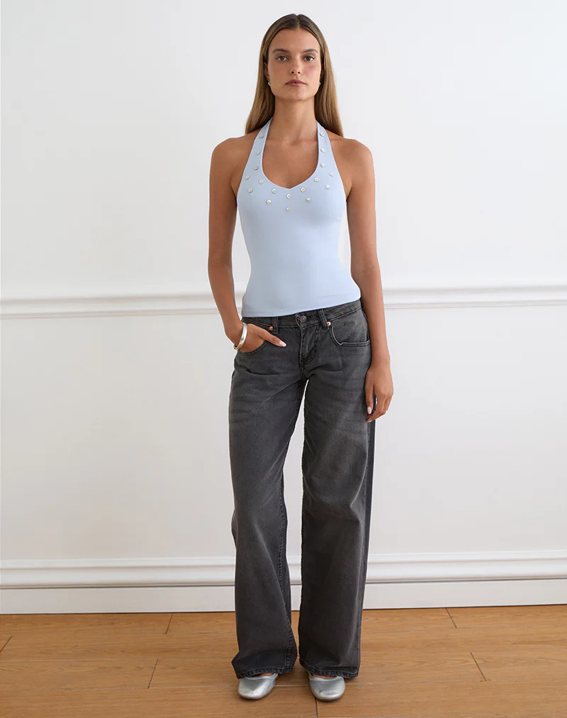 Amita Top with Pearl Buttons in Rib Knit Dusty Blue - Image 5