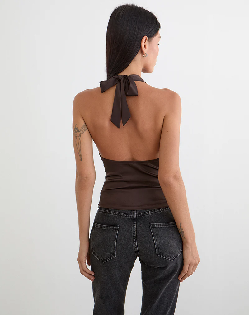 Amuri V-Neck Top in Satin Dark Brown - Image 2