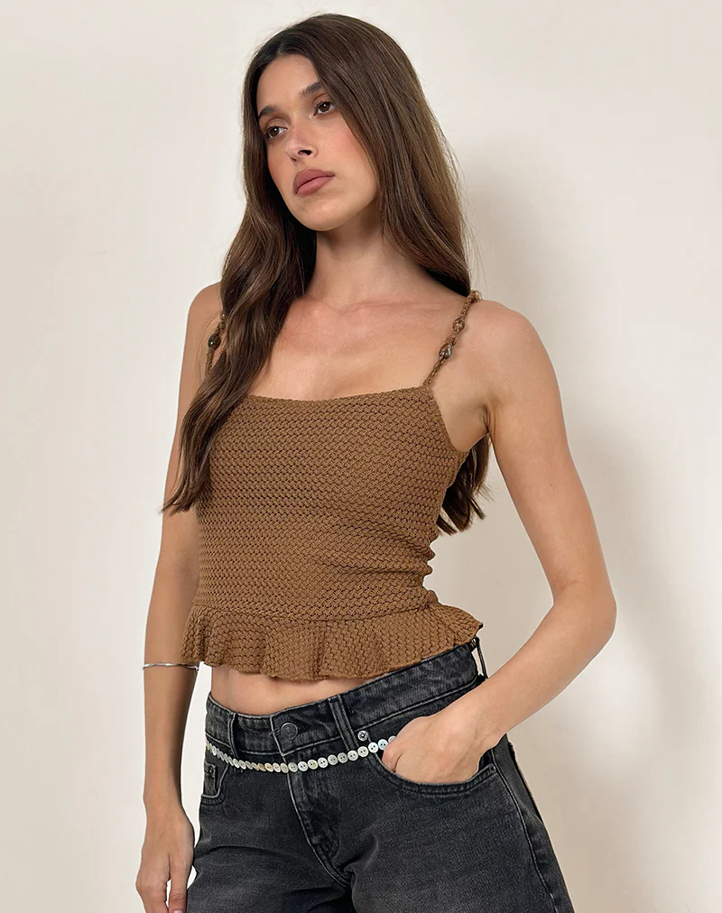 Analu Cami Top in Brown with Beaded Straps - Image 5