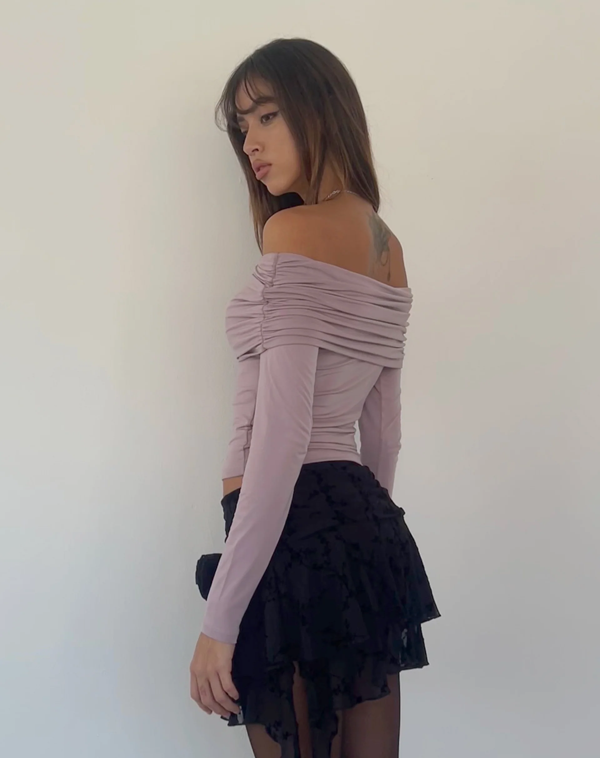 Andi Long Sleeve Bardot Top in Slinky Mauve - Image 5