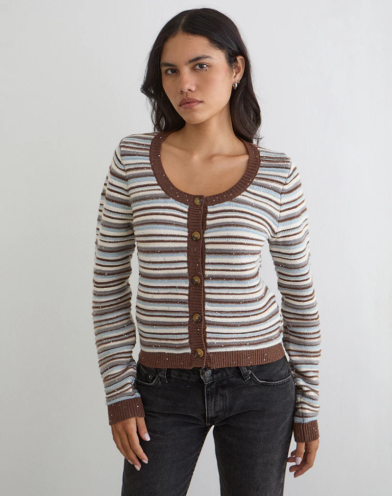Aniha Long Sleeve Top in Knit Stripe Blue and Brown - Image 4