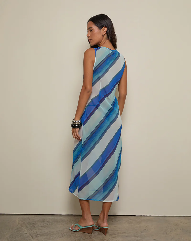 Anira Dress in Chiffon Painted Stripe Blue - Image 3