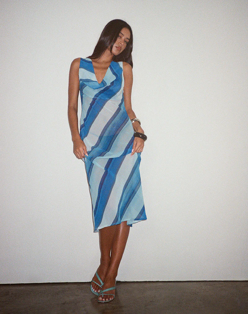Anira Dress in Chiffon Painted Stripe Blue - Image 4