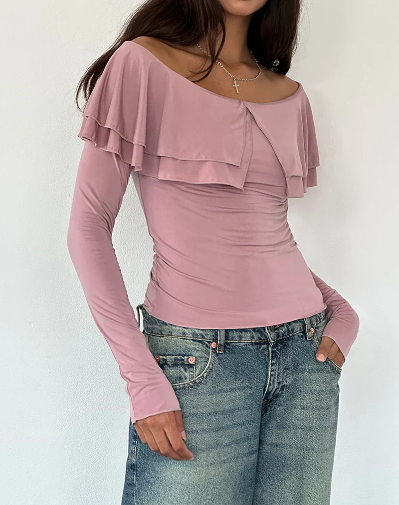 Annia Ruffle Bardot Soft Touch Top in Pink - Image 2