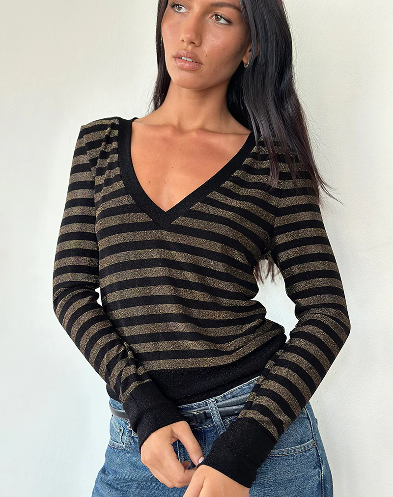 Annora Long Sleeve Top in Lurex Gold Stripe - Image 2