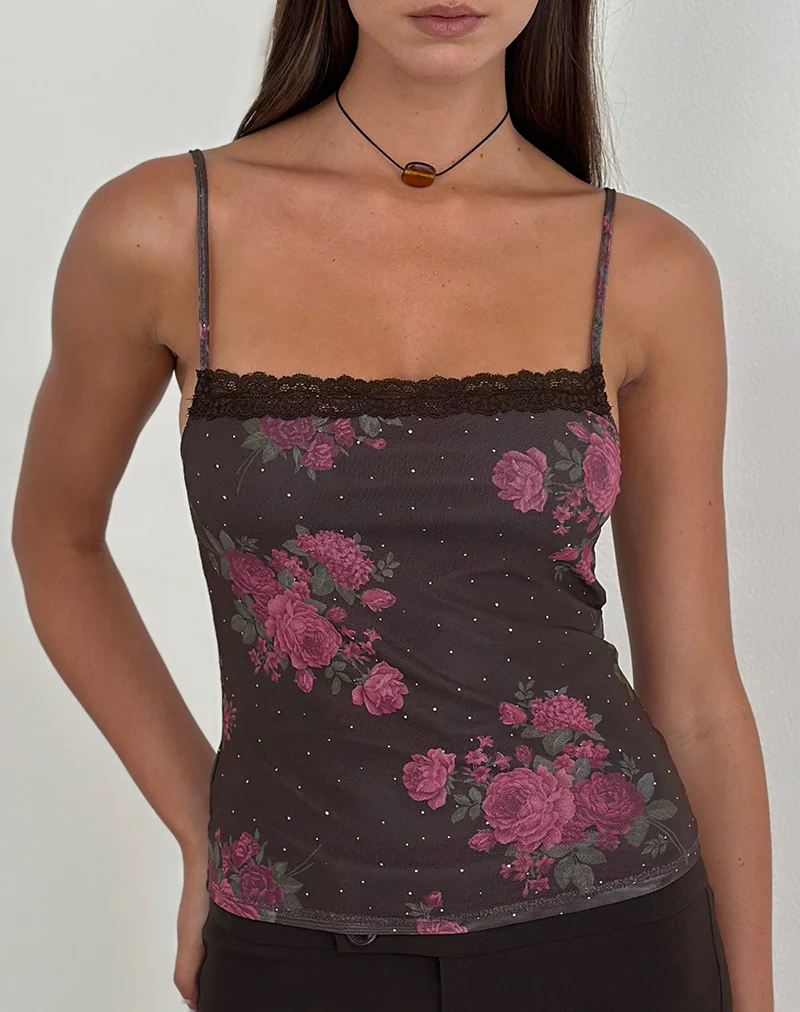 Anoda Cami Top in Brown with Pink Polka Dots and Roses Print