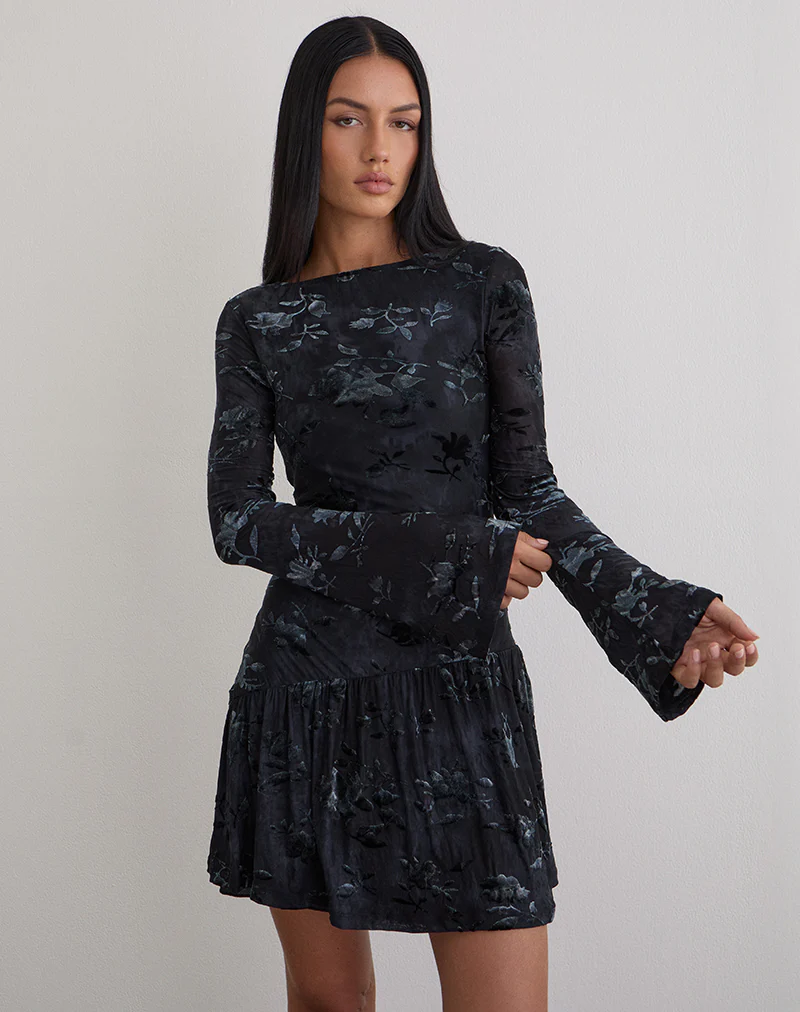 Anyeli Mini Dress in Leaf Velvet Dark Blue - Image 4