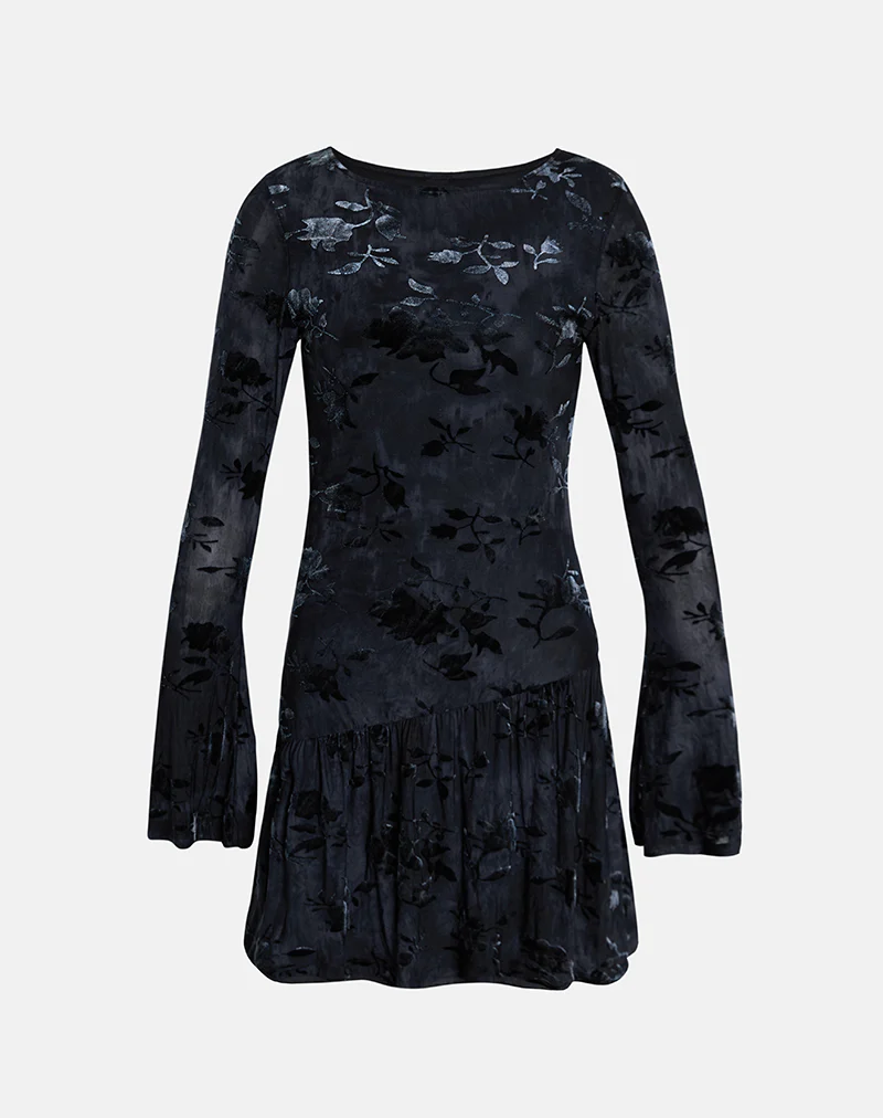 Anyeli Mini Dress in Leaf Velvet Dark Blue - Image 6