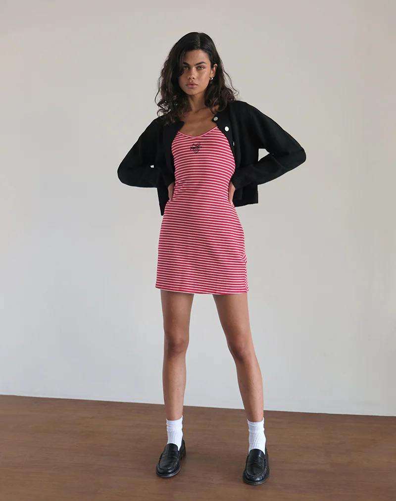 Anzhelina Strappy Mini Dress in Red and White Stripe with Strawberry Emb - Image 3