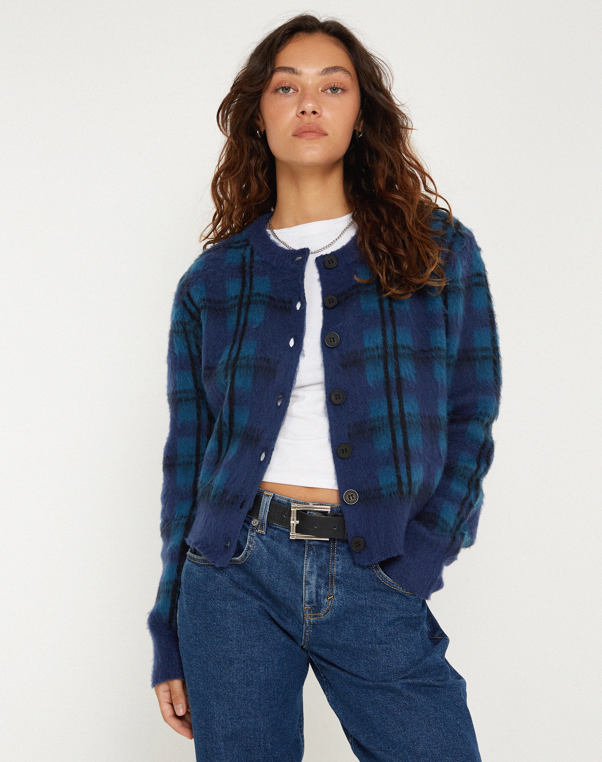 Anzio Button Up Cardigan in Multi Check Navy Blue - Image 2
