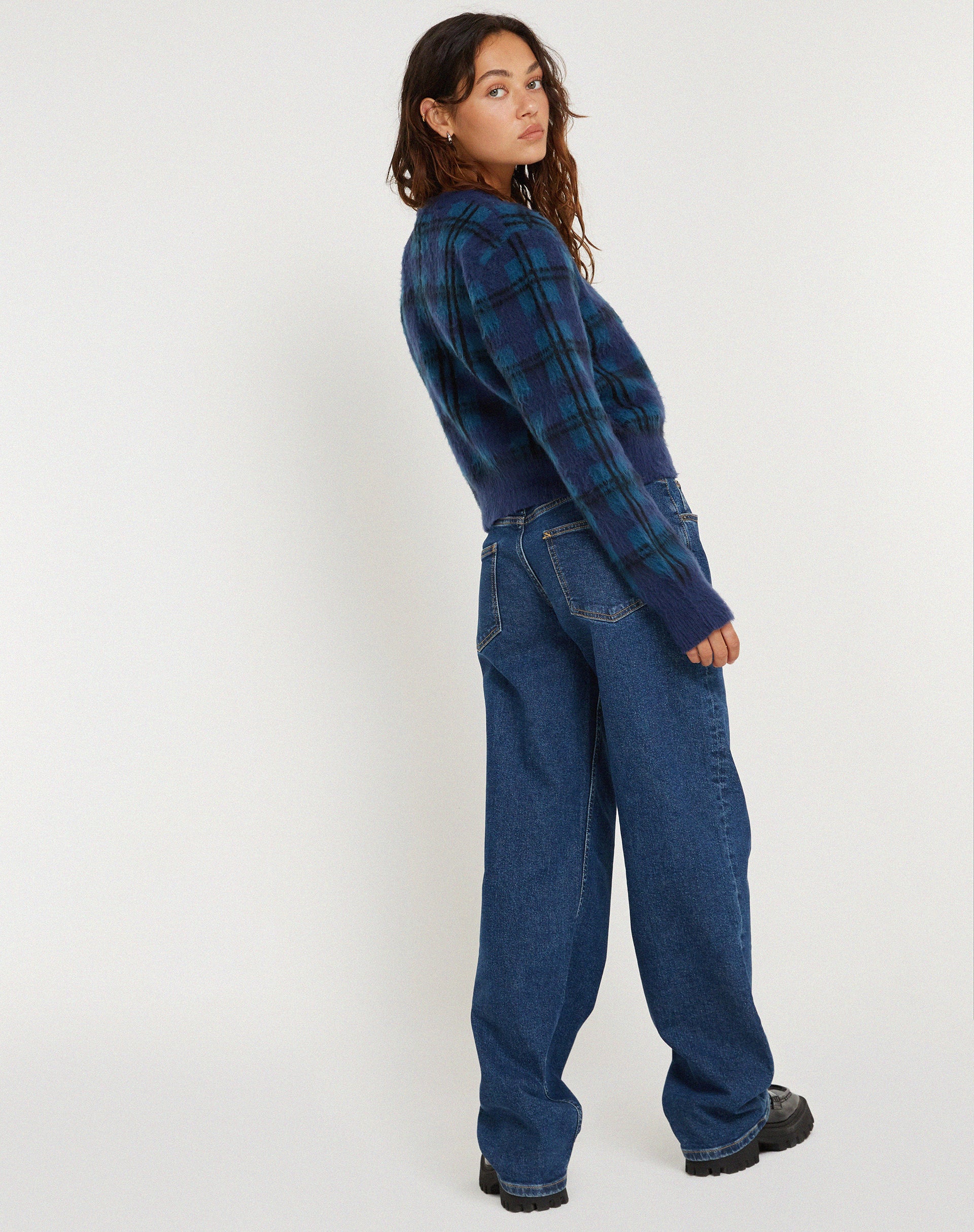 Anzio Button Up Cardigan in Multi Check Navy Blue - Image 6