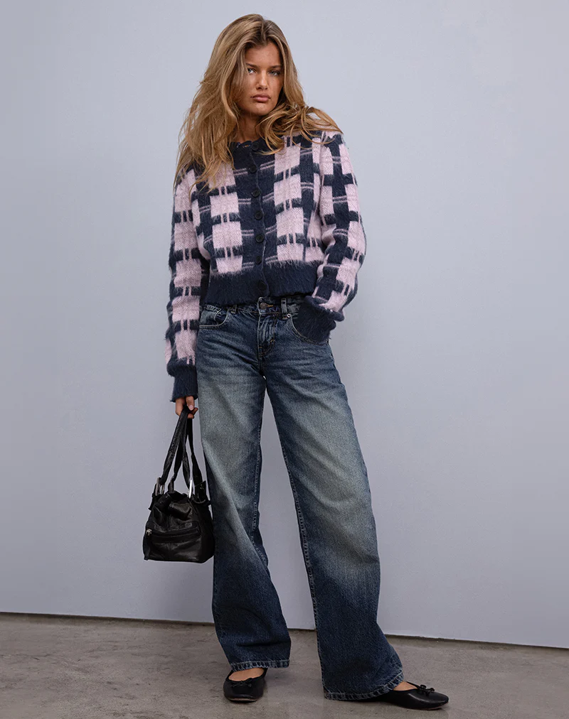 Anzio Button Up Cardigan In Multi Check Navy and Pink - Image 2