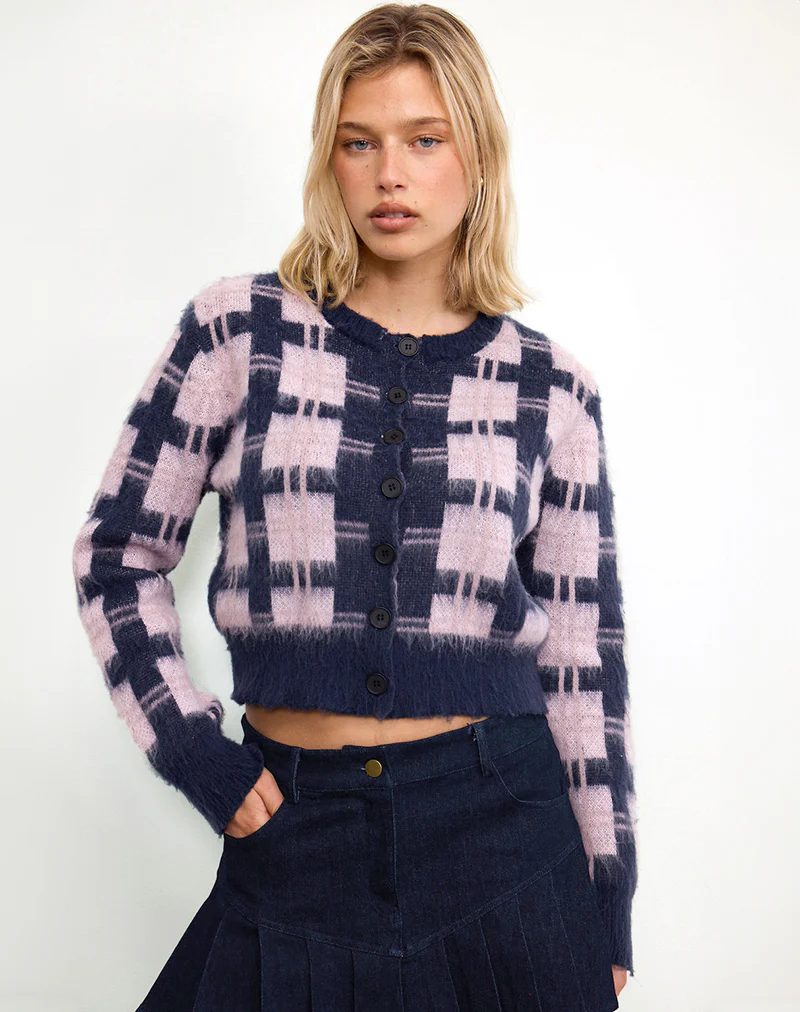 Anzio Button Up Cardigan In Multi Check Navy and Pink - Image 3