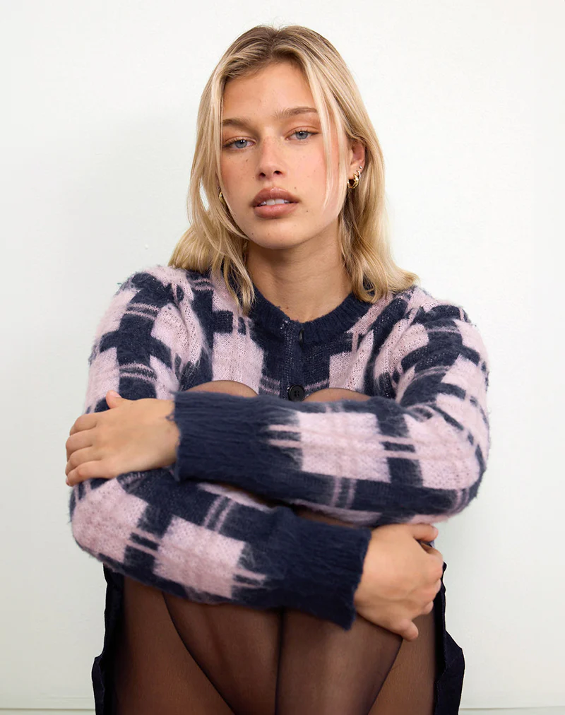 Anzio Button Up Cardigan In Multi Check Navy and Pink - Image 4