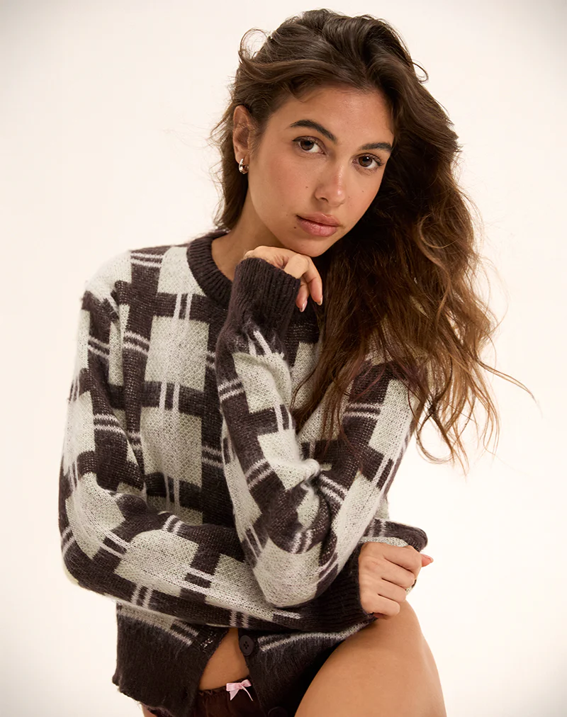 Anzio Knitted Cardigan in Check Brown - Image 2