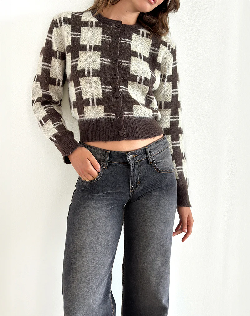 Anzio Knitted Cardigan in Check Brown - Image 4