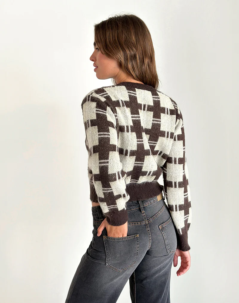 Anzio Knitted Cardigan in Check Brown - Image 5