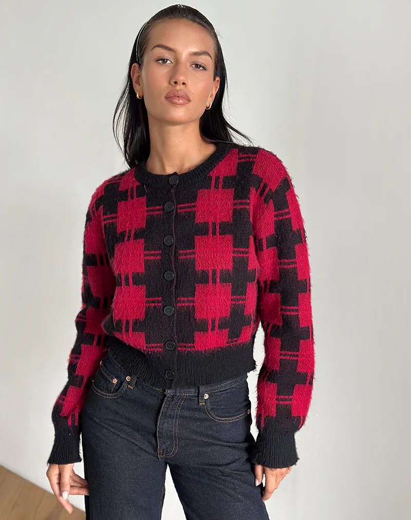 Anzio Cardigan in Black and Red Check Knit - Image 5