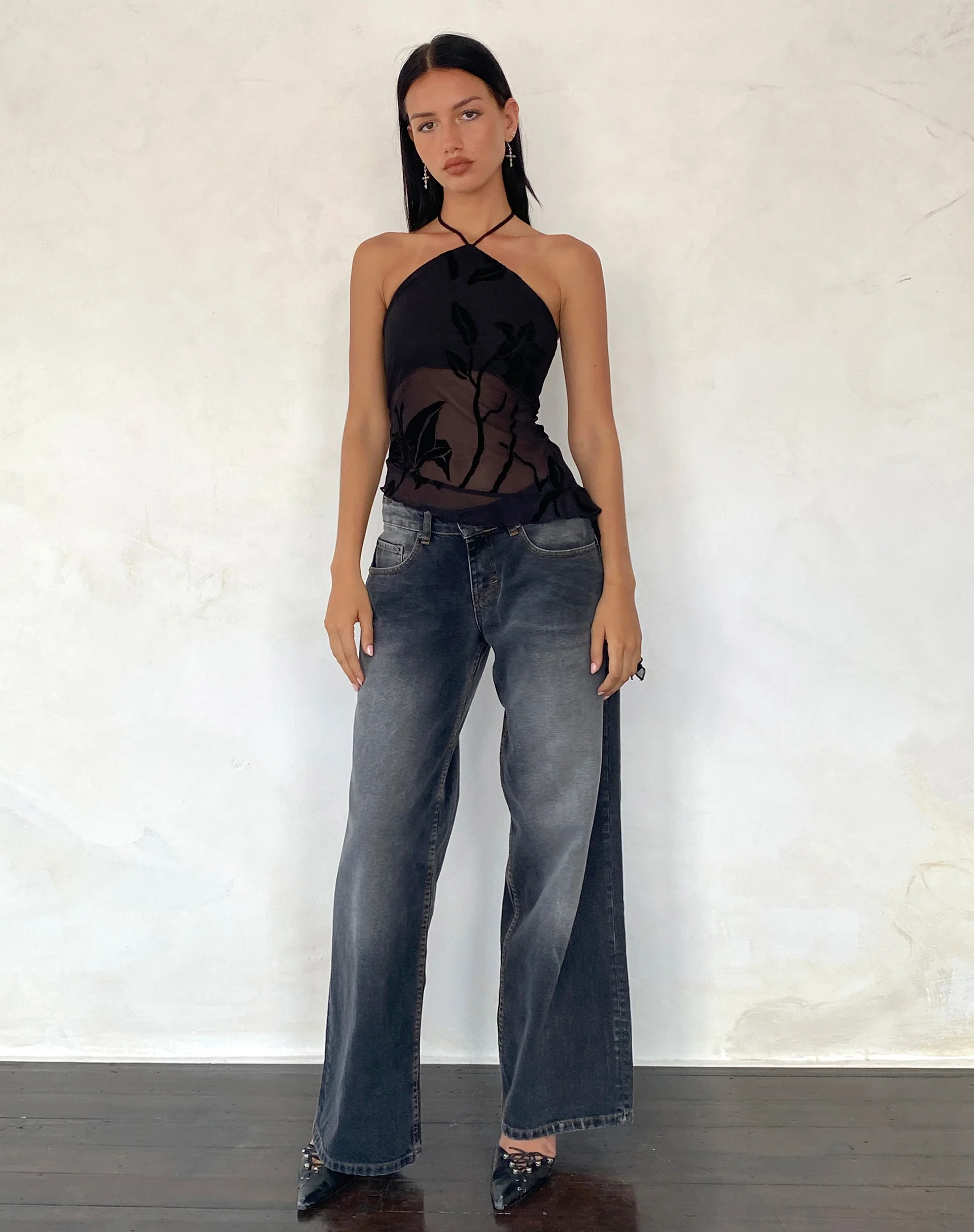 Arabella Halterneck Top in Orchids Flock Black - Image 4