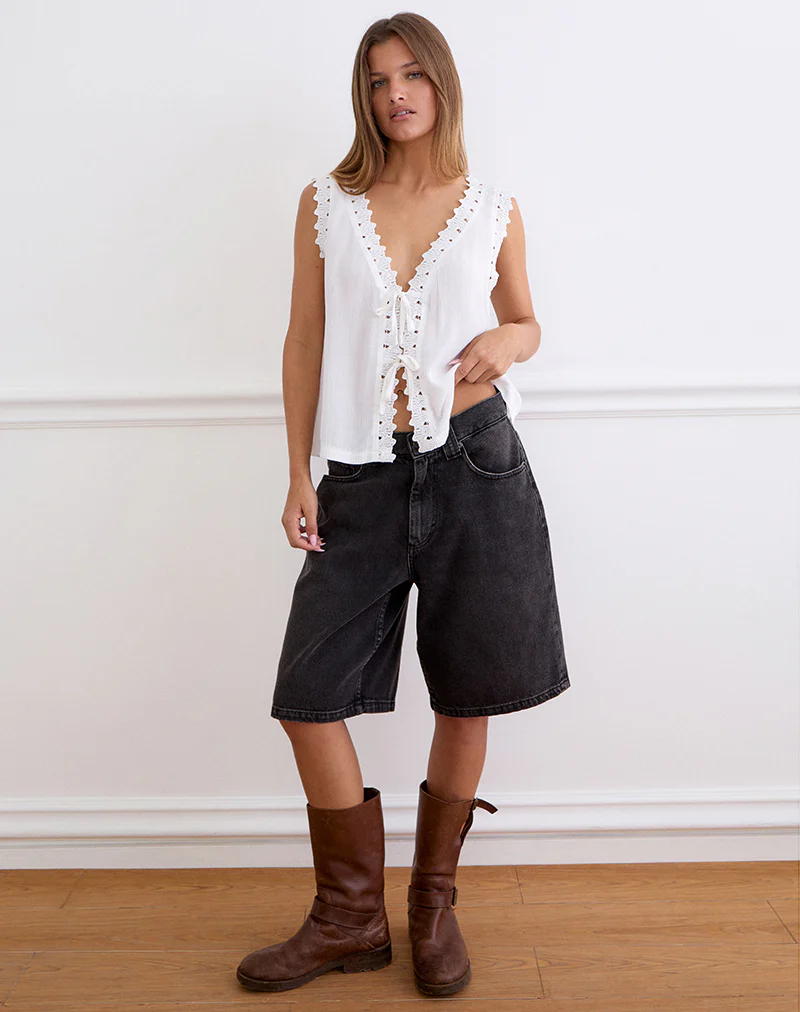 Argya Tie Front Top in Rayon White with Lace Trim - Image 3