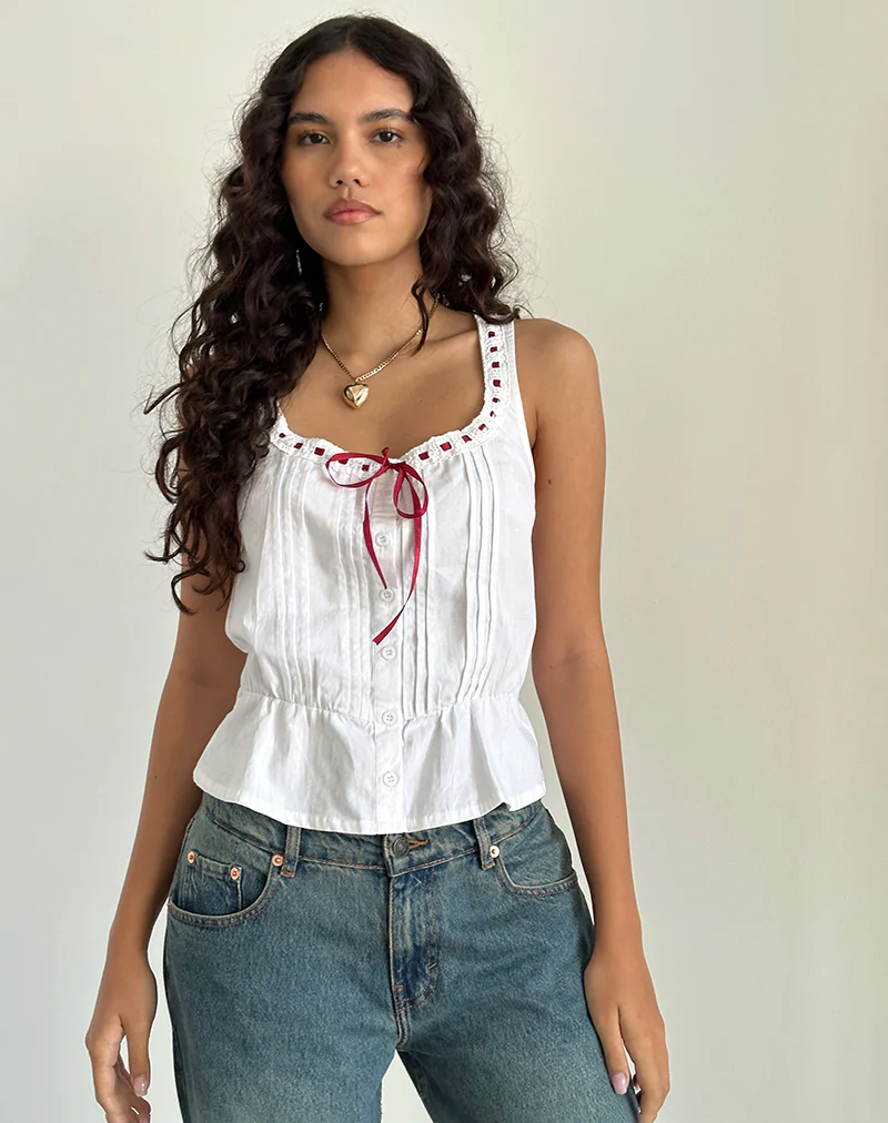 Arhan Top in White Poplin with Red Trim - Image 5