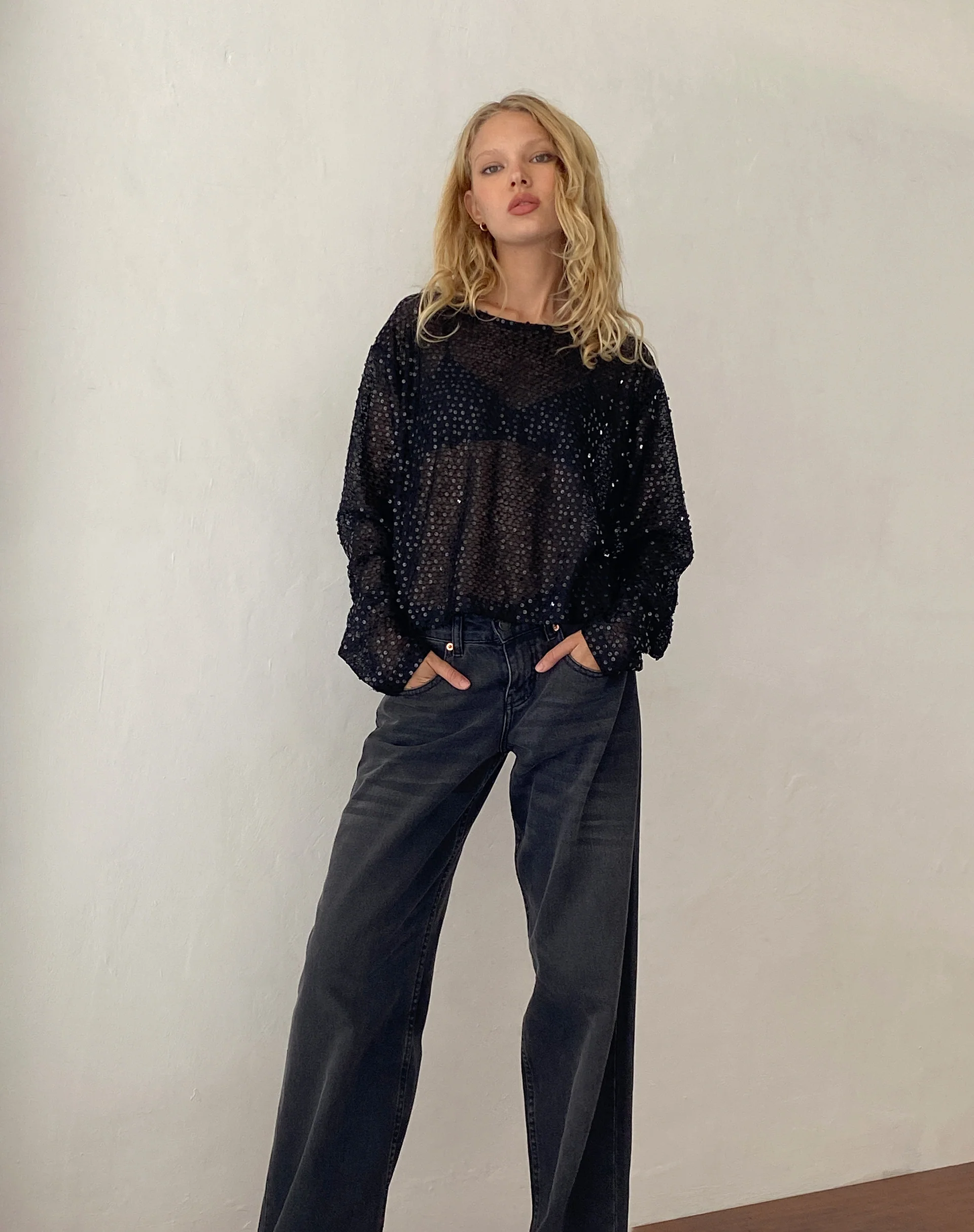 Aridani Unlined Long Sleeve Top in Black Sequin - Image 2
