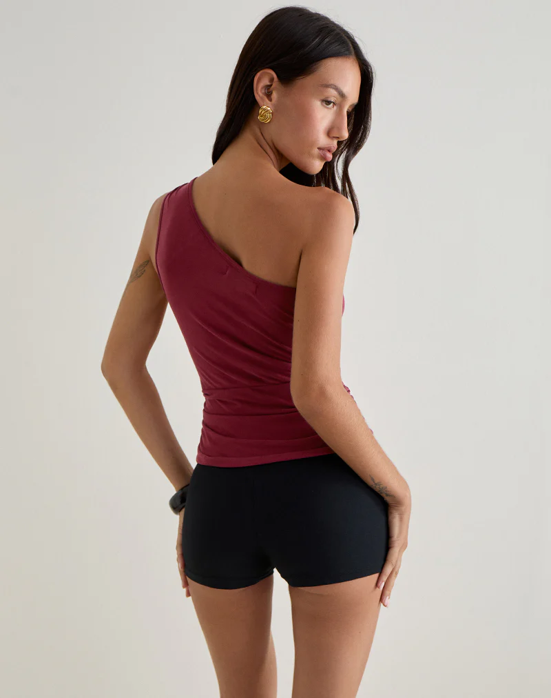 Arika Asymmetric Cut Out Top in Cupro Burgundy - Image 5