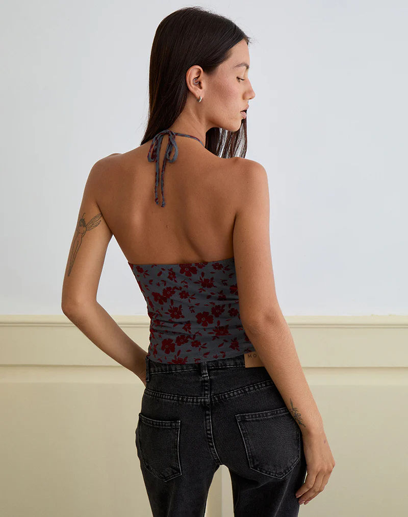 Arira Halter Top in Garden Floral Blue Grey - Image 3
