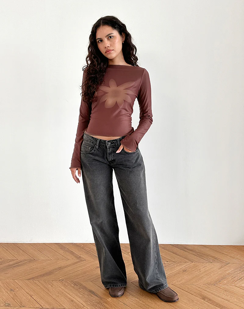 Armali Long Sleeve Top in Mesh Tonal Flower Brown - Image 3