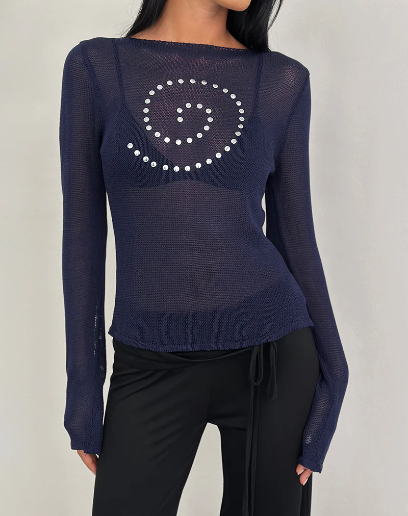 Armali Long Sleeve Top in Stud Sheer Knit Navy - Image 3