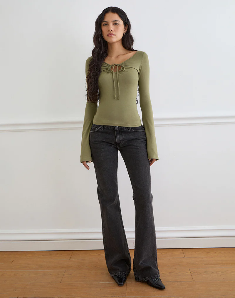 Armel Long Sleeve Keyhole Top in Rayon Jersey Khaki - Image 3