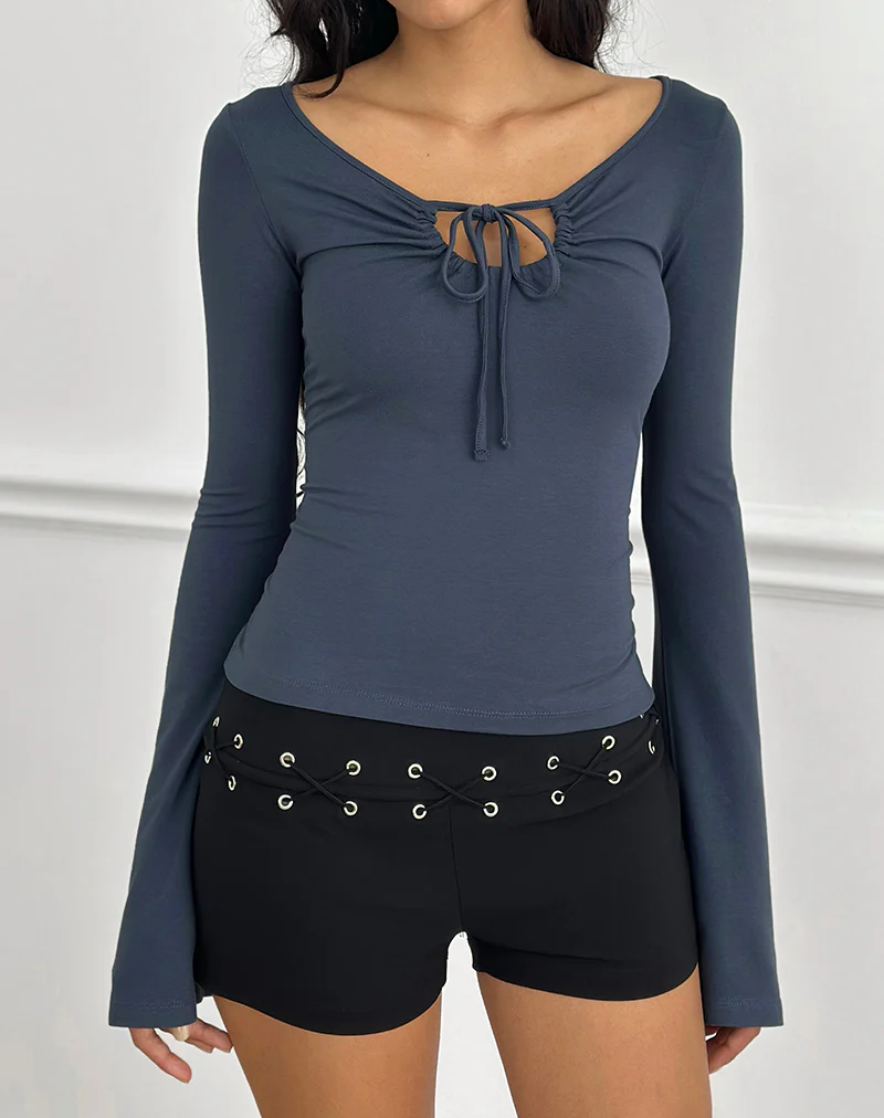 Armel Long Sleeve Keyhole Top in Rayon Jersey Ocean Storm - Image 2