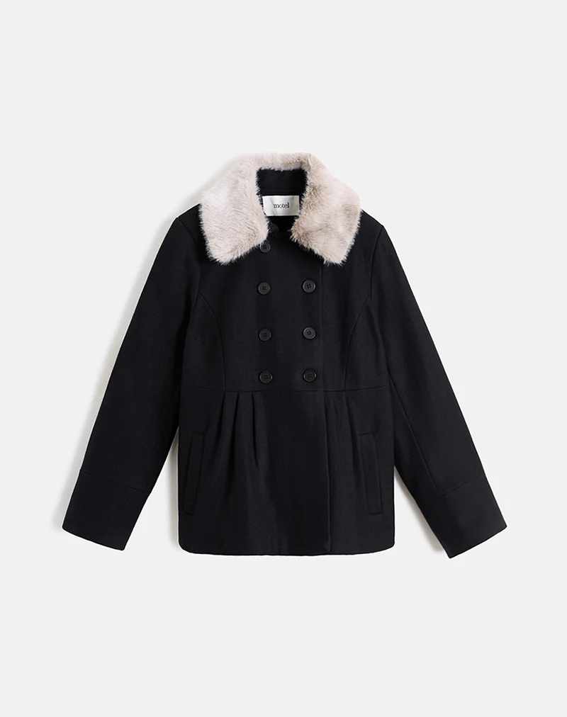 Arsil Double Breasted Coat in Black Wool - Image 3