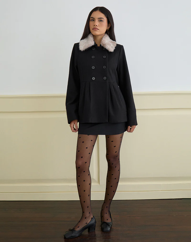 Arsil Double Breasted Coat in Black Wool - Image 4