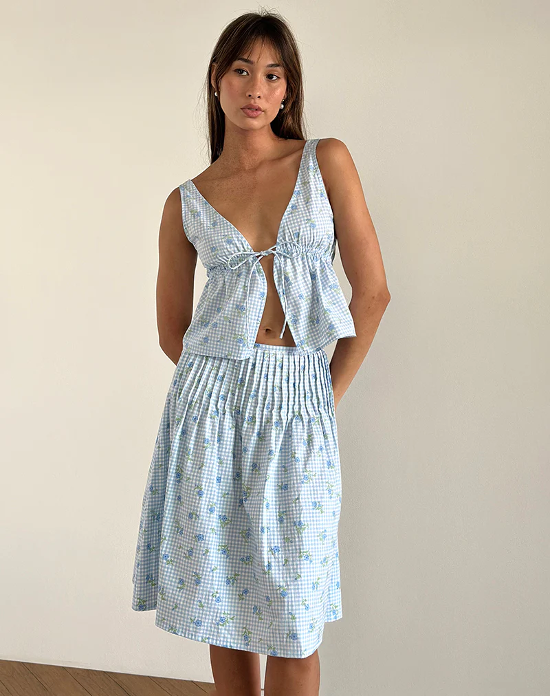 Asada Midi Skirt in Blue Flower Gingham - Image 3