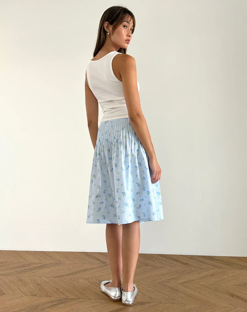Asada Midi Skirt in Blue Flower Gingham - Image 4