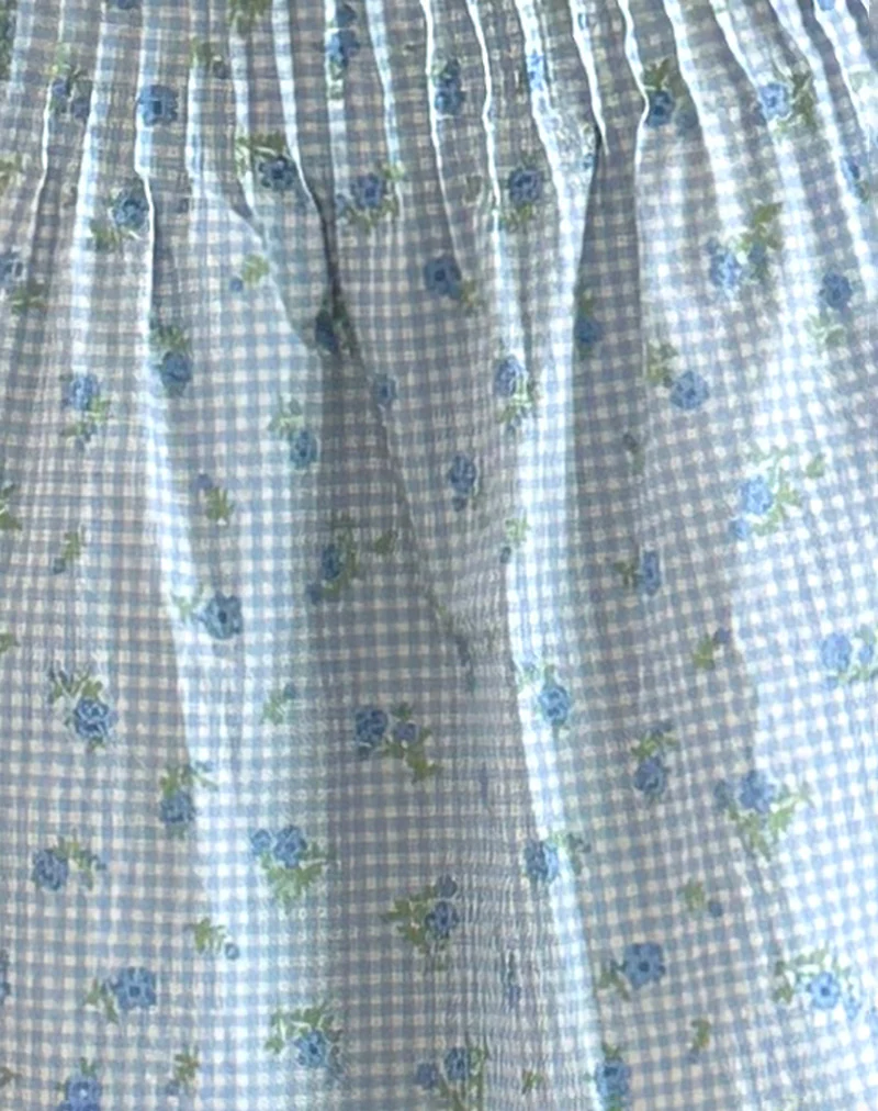 Asada Midi Skirt in Blue Flower Gingham - Image 5