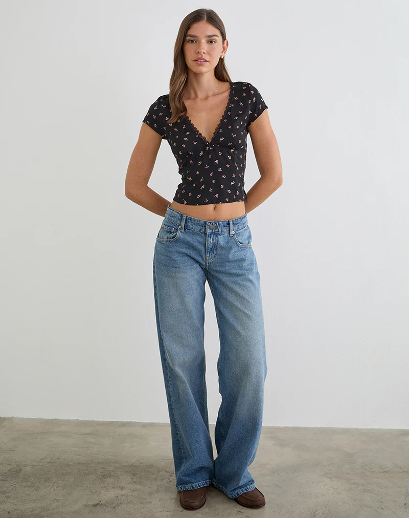 Asana Top in Black with Red Rose Ditsy Print - Image 2