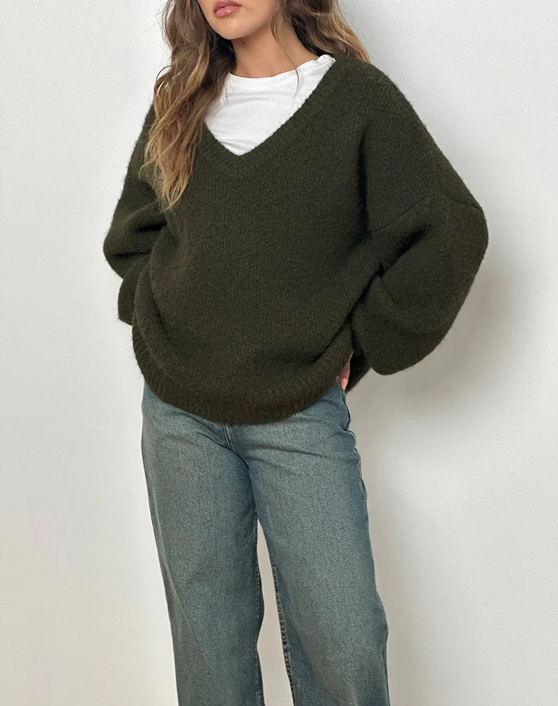 Asato Chunky V Neck Jumper in Brushed Khaki - Image 4
