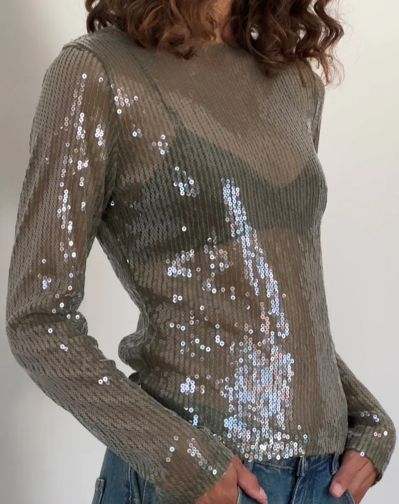 Ashram Top in Clear Khaki Green Sequin - Image 4