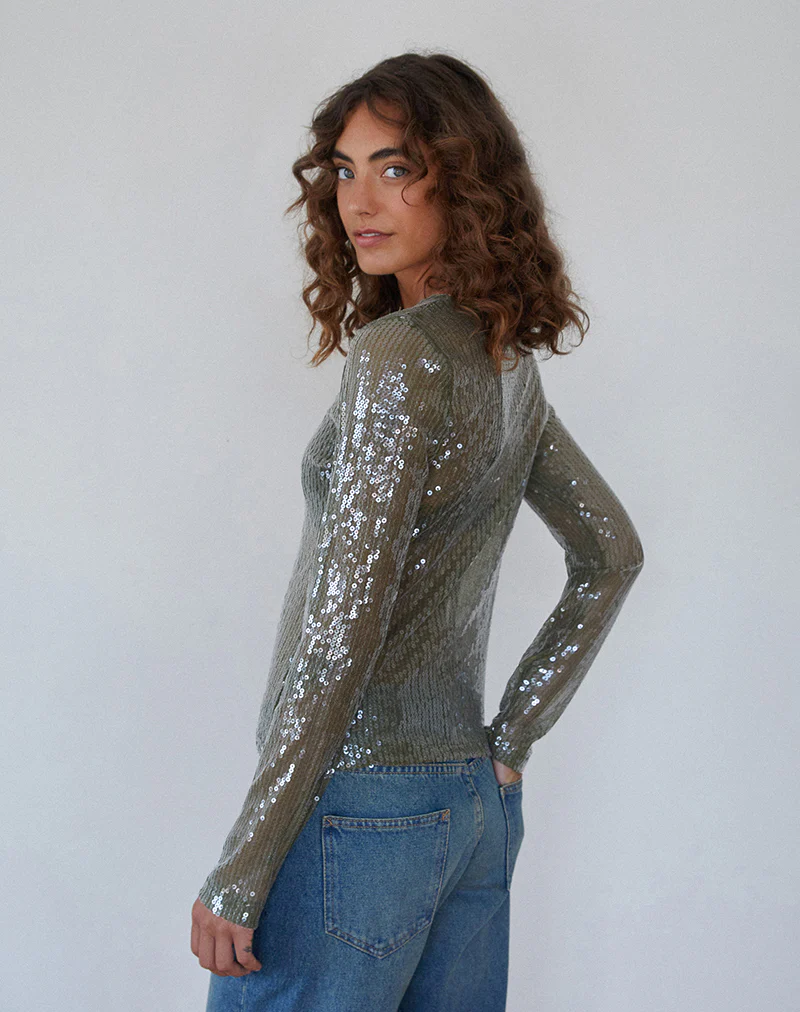 Ashram Top in Clear Khaki Green Sequin - Image 5