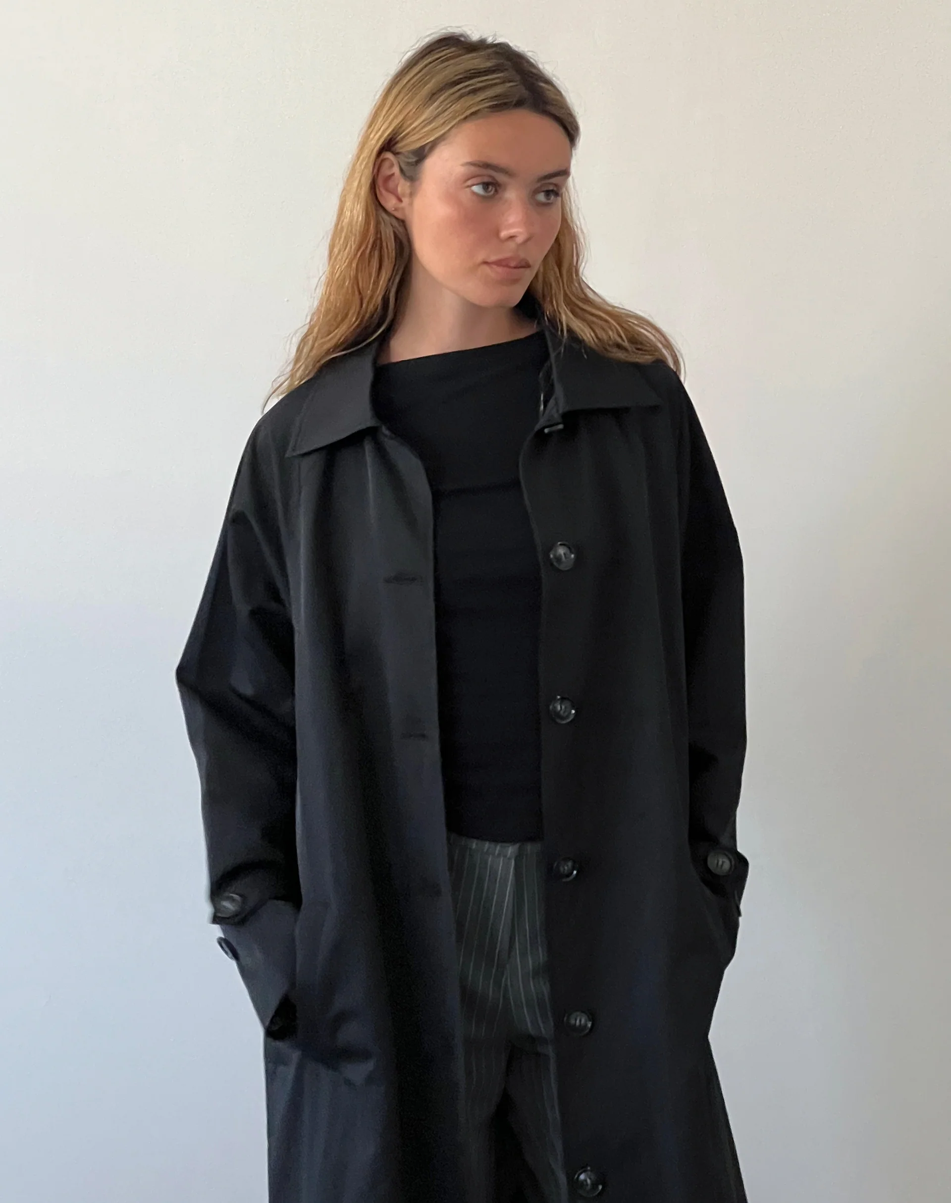 Assa Trench Coat in Black with Stripe Lining - Image 2